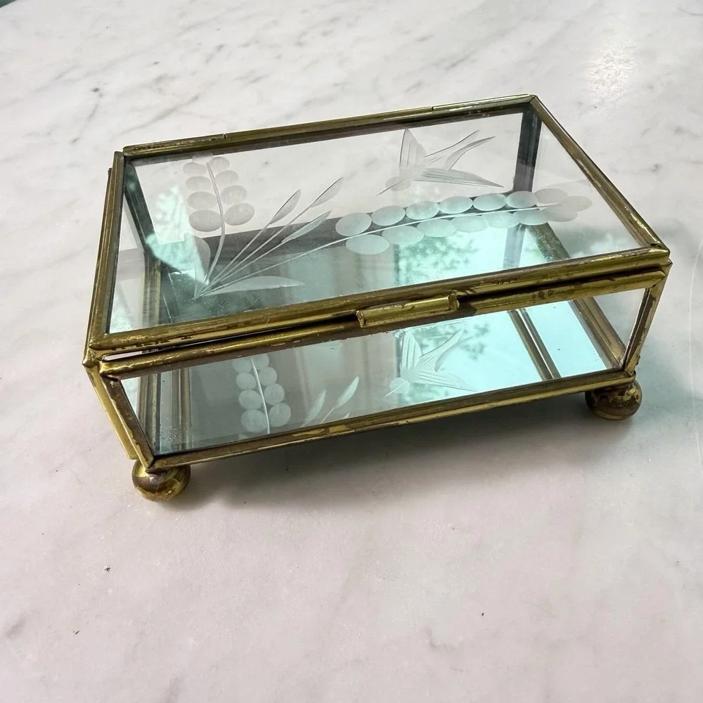 Vintage 80s Mexican Brass Etched Glass Swallow Trinket Box Bird Vanity Mirror